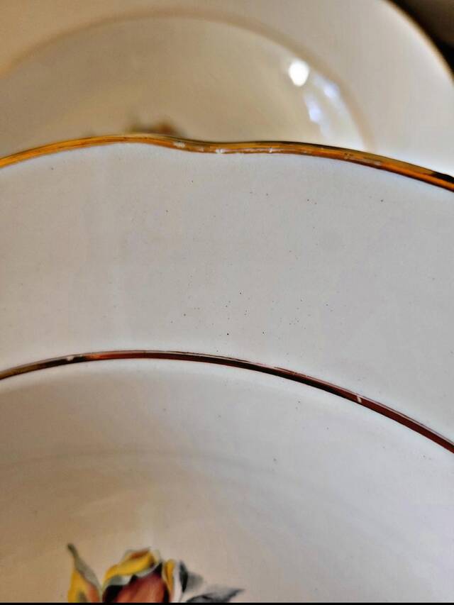 6 Gien Gardanne soup plates, pink and yellow, with gold trim