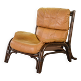 Brutalist Bentwood Bamboo Lounge Chair with Caramel Leather Upholstery, 60s