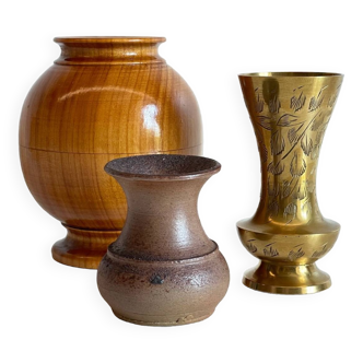 Design trio of vintage stoneware and brass vases