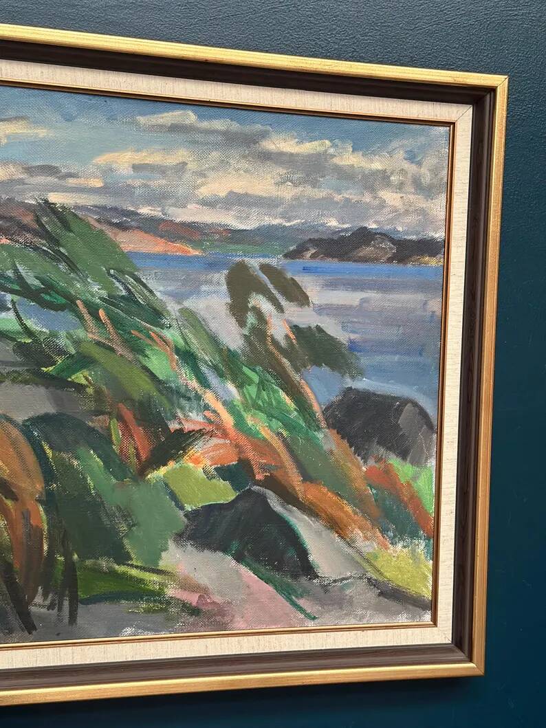 Large original Swedish oil on canvas – "Rocky Shore" – Signed – vintage and framed – 91 × 70 cm (35.8 in × 27.6 in)