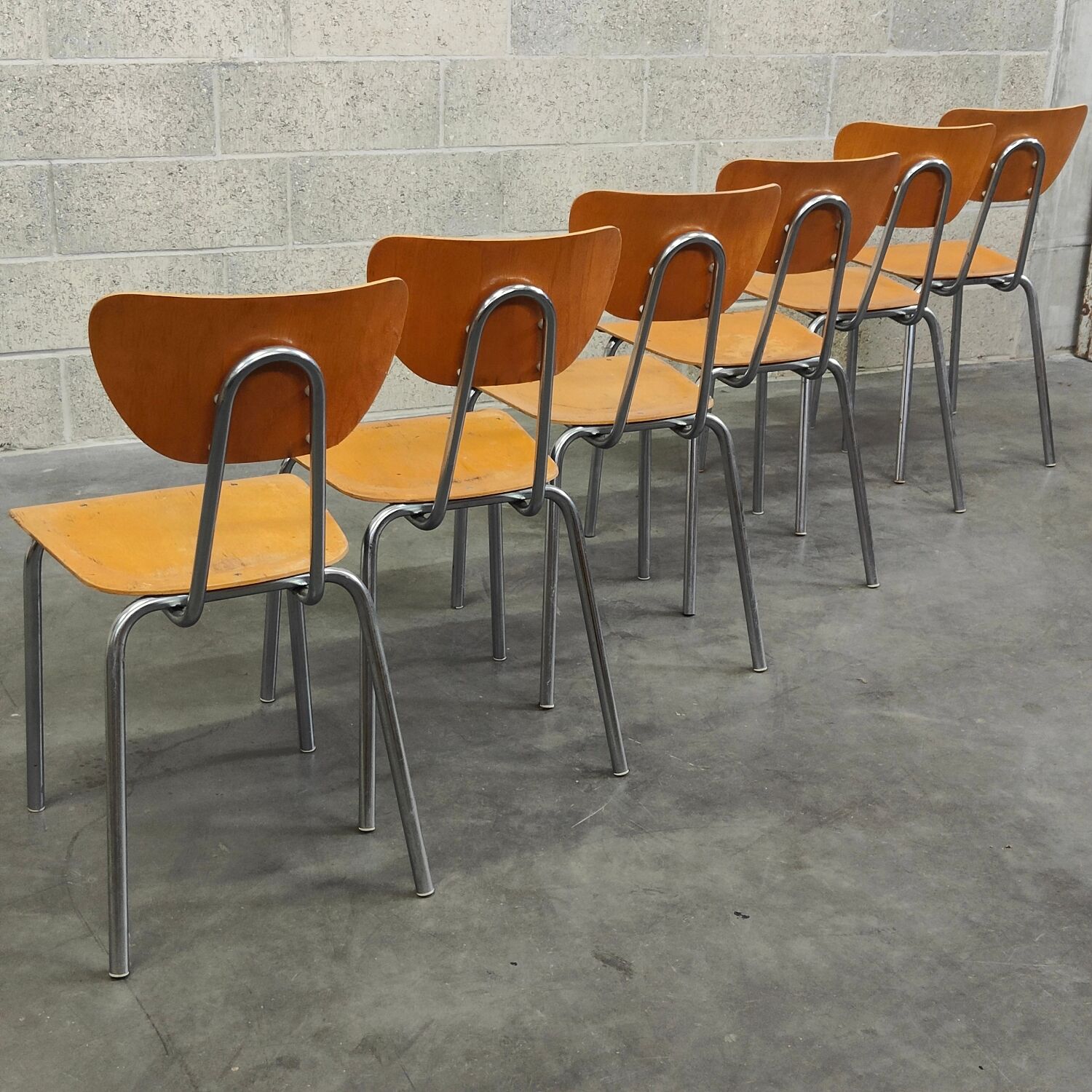 Lot de 6 chaises type ecole chrome et bois 1970