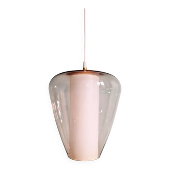Scandinavian pendant light in white satin glass and pale pink clear glass, 1960