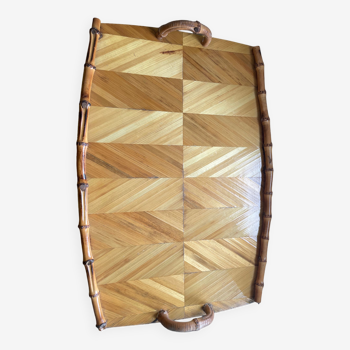 Vintage bamboo and marquetry tray