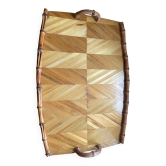 Plateau vintage bambou et marqueterie