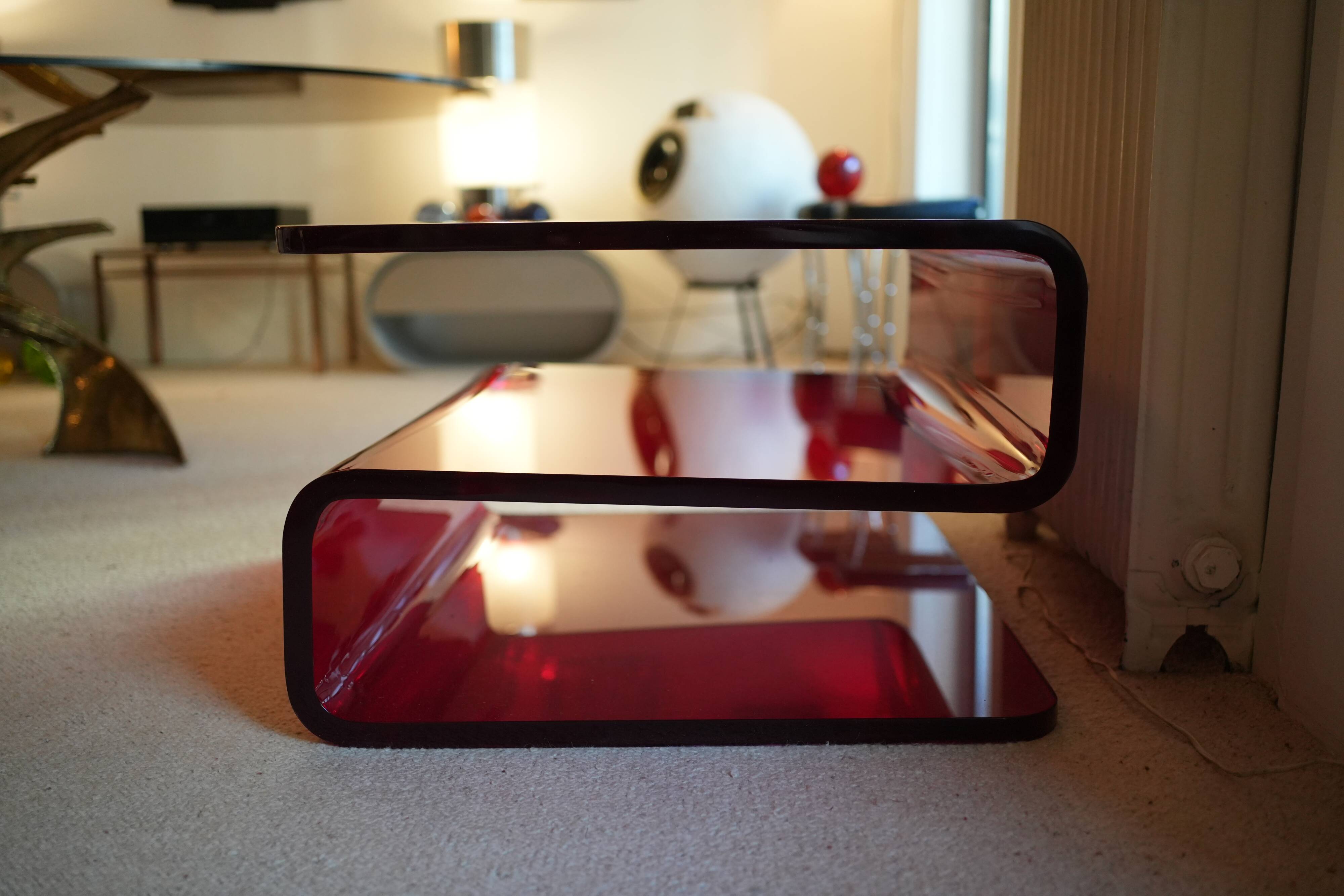 Red Plexiglass Coffee Table from the 1970s, French Design, Aesthetic
