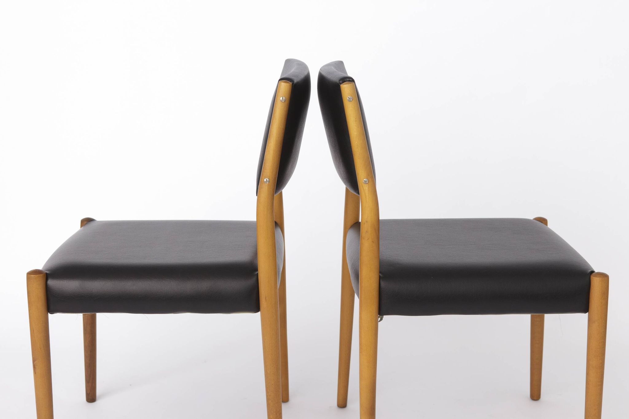 Pair of Vintage German Chairs, 1960s–1970s, Beechwood, Black Faux Leather