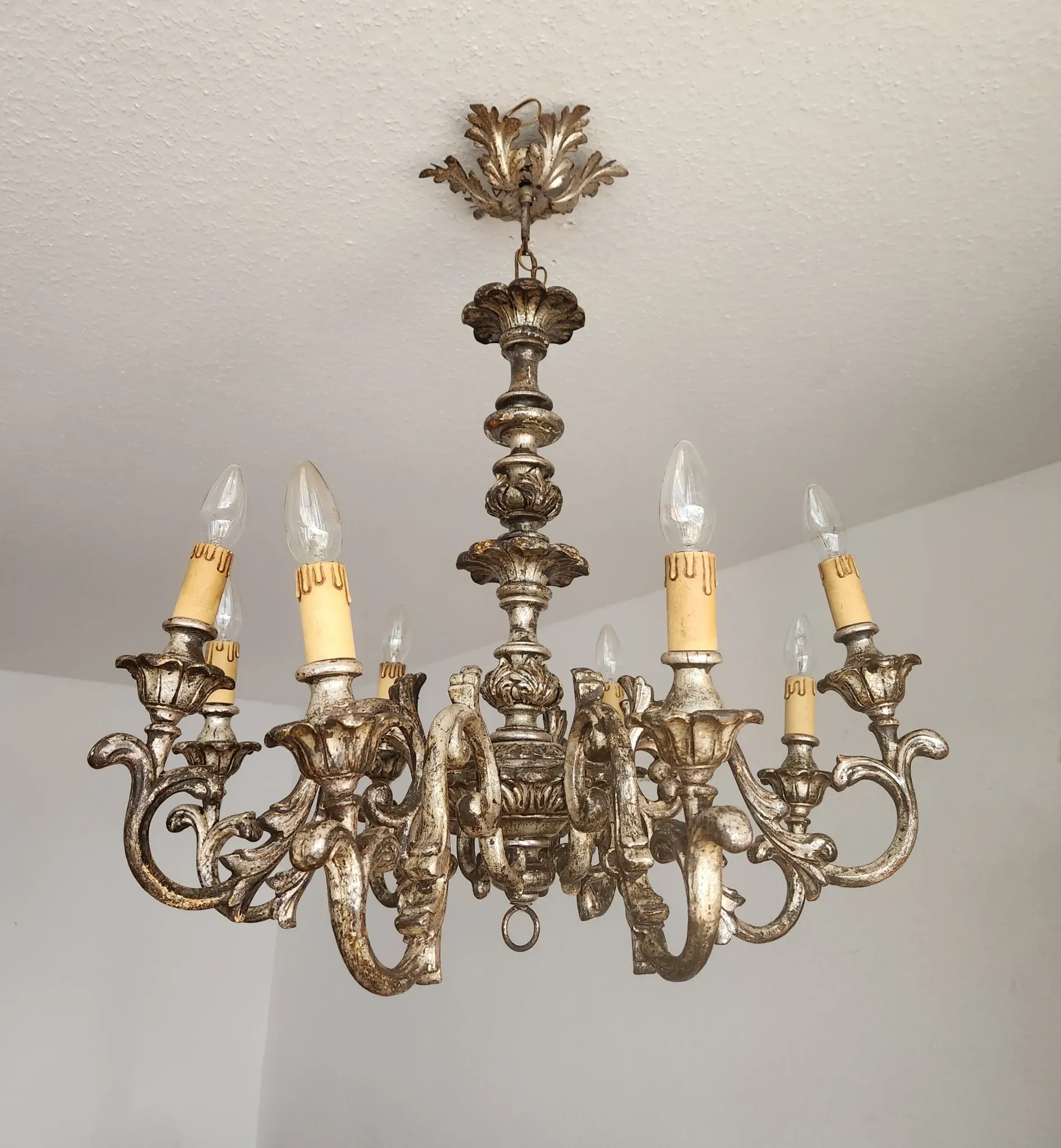 Xl Large Vintage Regency Mid Century Louis XV Baroque Rococo Hand Painted Carved Wood 8 Light Chandelier Floral, Italy, Florence 1920 1950