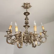 Xl Large Vintage Regency Mid Century Louis XV Baroque Rococo Hand Painted Carved Wood 8 Light Chandelier Floral, Italy, Florence 1920 1950