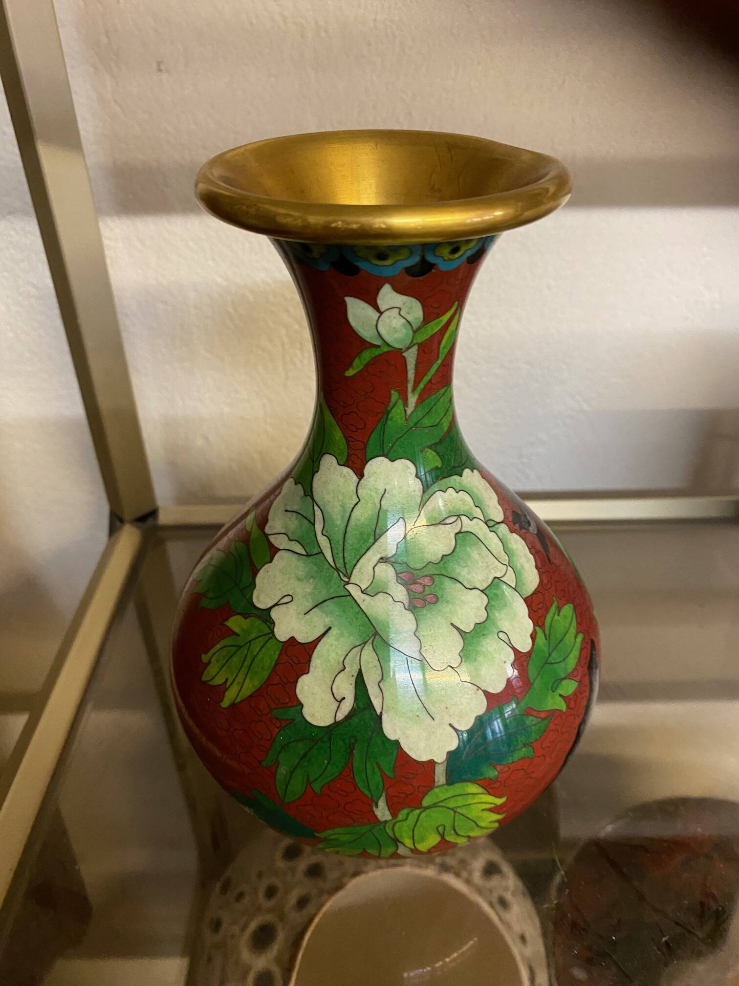 CLOISONNE VASE WITH LOTUS FLOWERS DECOR IN BURGUNDY TONES