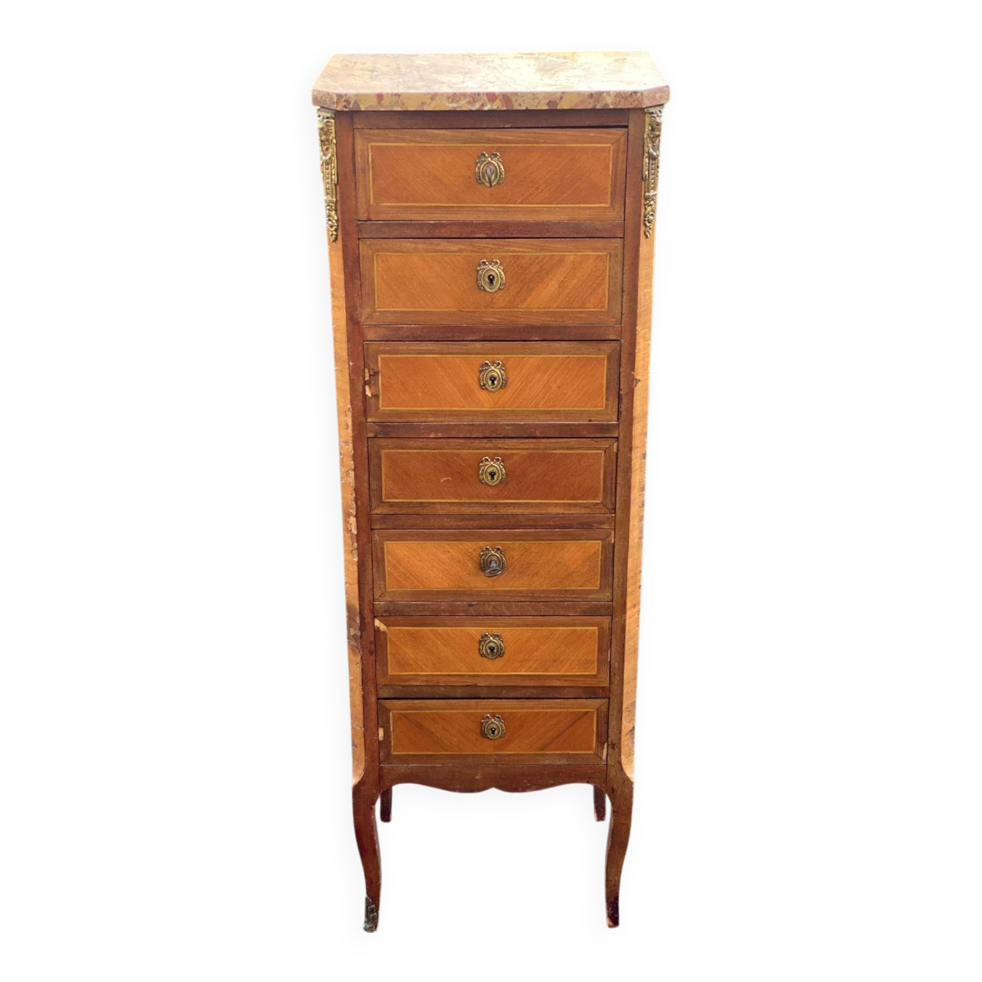Louis XV transition XVI chest of drawers with 7 drawers in wood and marble