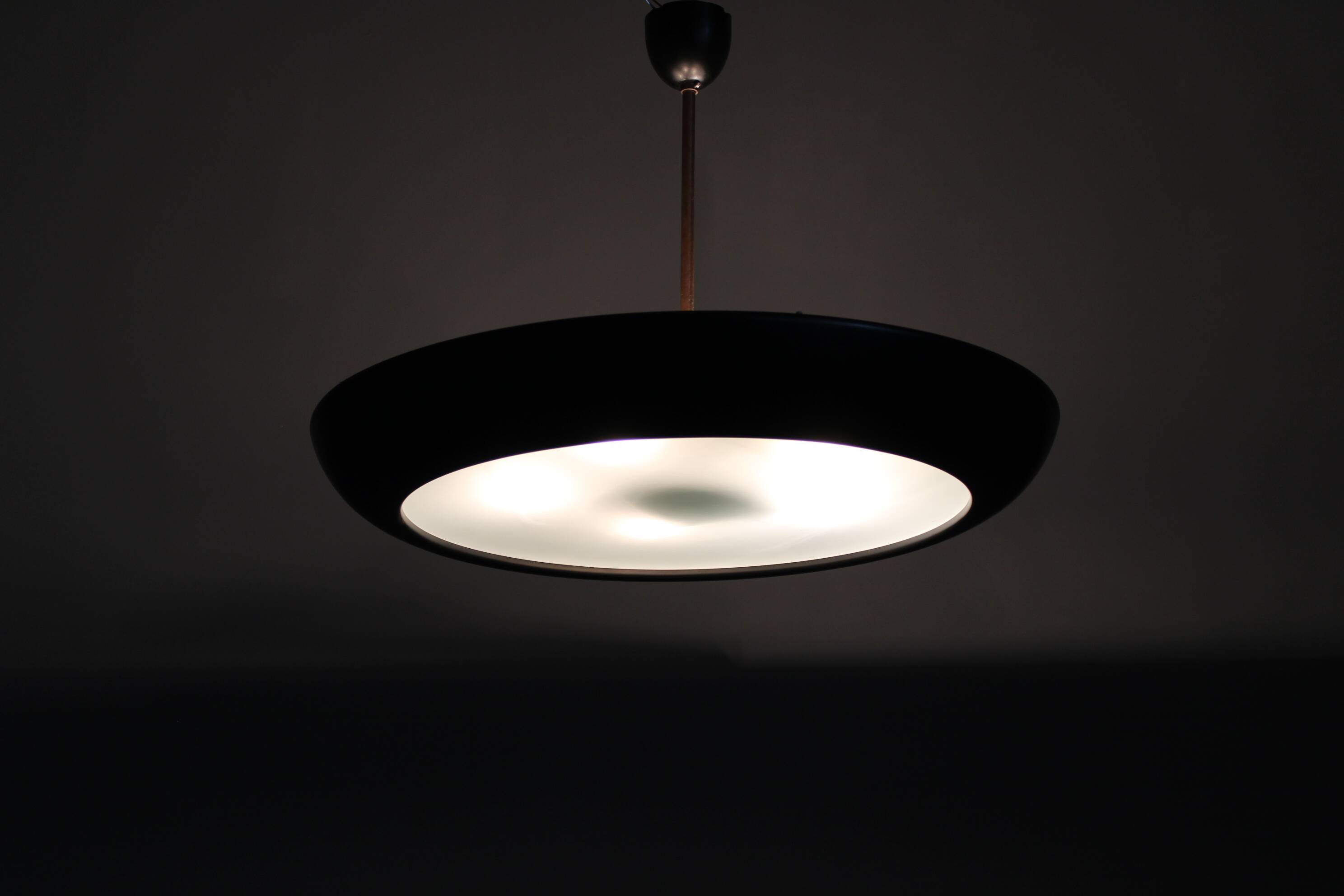 1940s Josef Hůrka for Napako Bauhaus UFO pendant light, metal & glass, restored