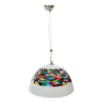 Postmodern white and colored blown glass and chrome-plated metal pendant by la murrina