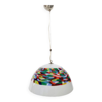 Suspension postmoderne en verre soufflé blanc et coloré et métal chromé par la murrina