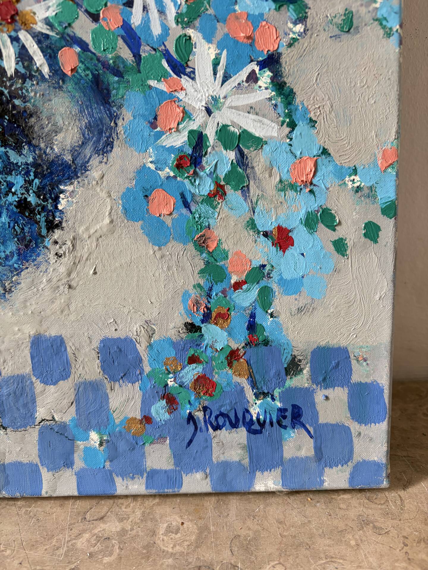 Blue flowers in celebration, oil on canvas signed Jacques Rouquier.