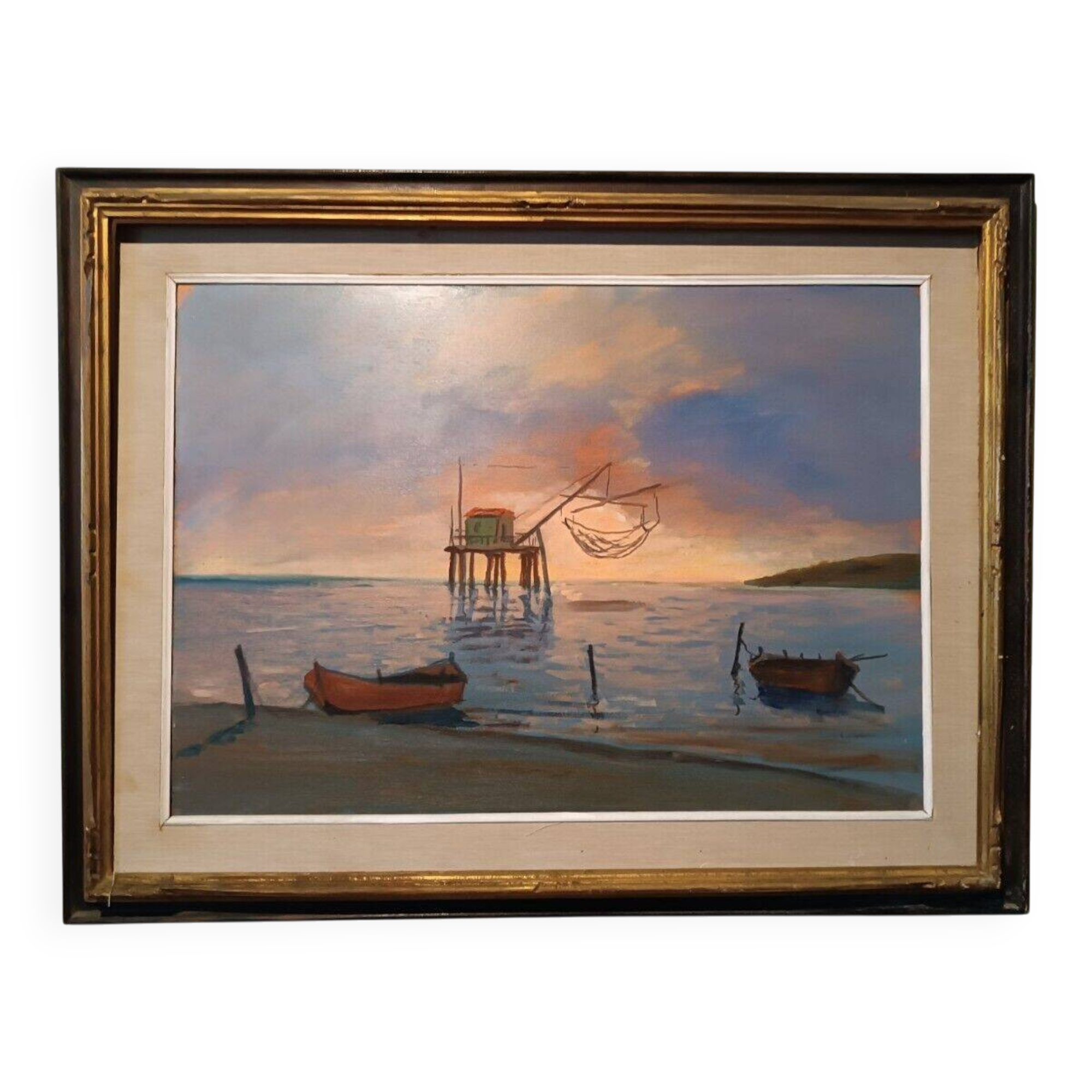 Oil painting on faesite 70s mouth of the Arno Pisa