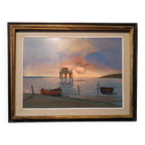 Oil painting on faesite 70s mouth of the Arno Pisa