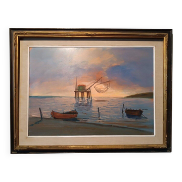 Peinture à l'huile sur faesite années 70 embouchure de l'Arno Pisa