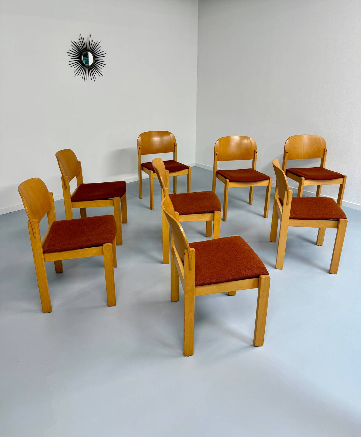 Lot of 8 old Scandinavian design wooden chairs from the 80s vintage