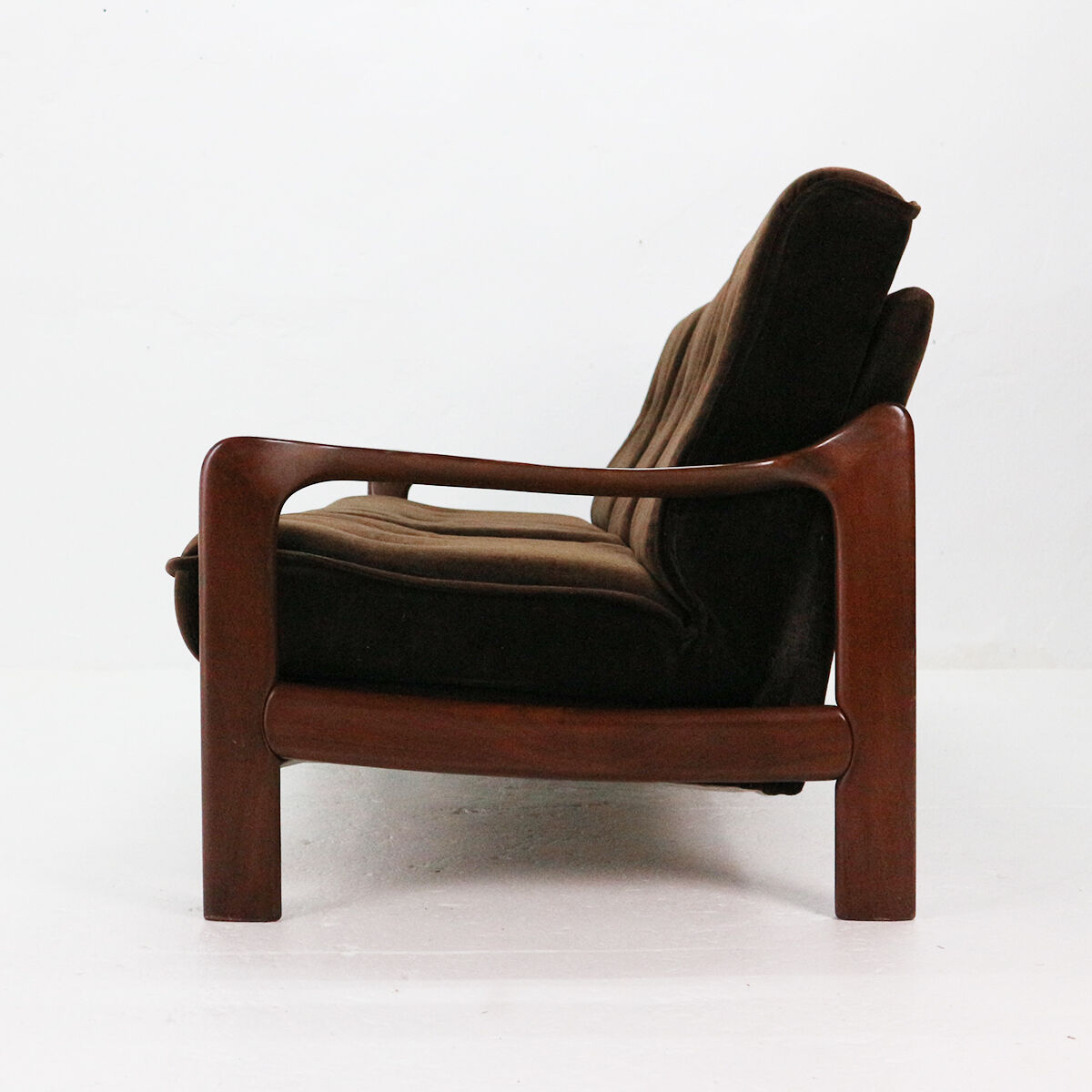 '70s teak sofa with brown velvet covers