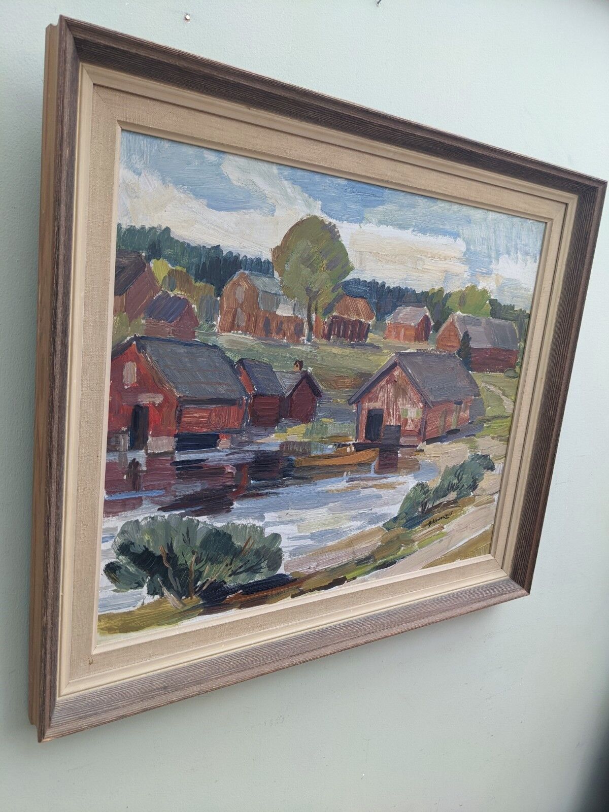 Mid-Century Modern "Lake Houses" Swedish Vintage Landscape Oil Painting, Framed