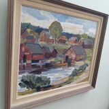 Mid-Century Modern "Lake Houses" Swedish Vintage Landscape Oil Painting, Framed