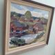 Peinture à l’huile de paysage vintage suédoise « maisons de lac » moderne du milieu du siècle, encadrée