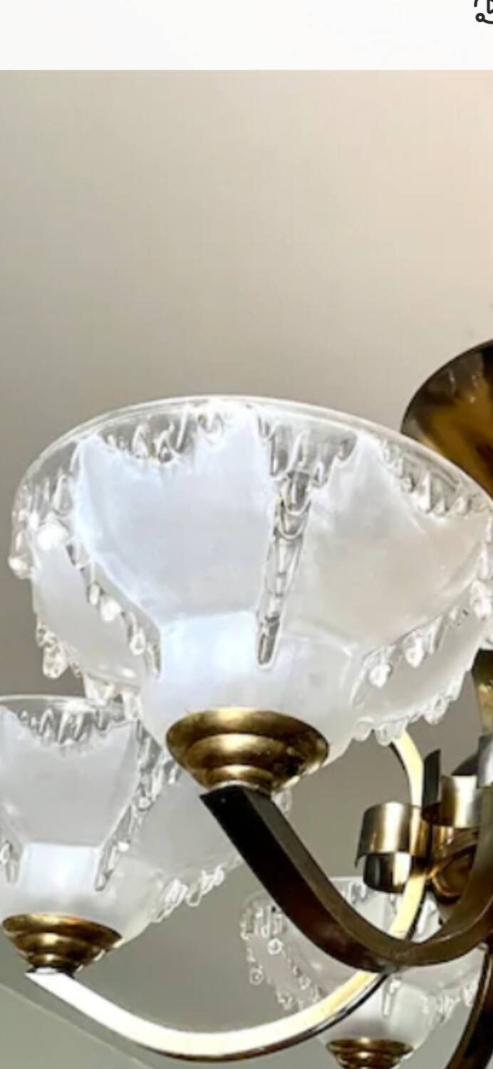 Antique Art Deco brass and glass chandelier