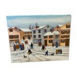 Oil on naïve canvas by Jaques Hara: village street