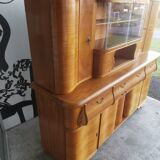 Buffet de cuisine galbe allemand double corps orme 1950s 6 tiroirs vitrine mag