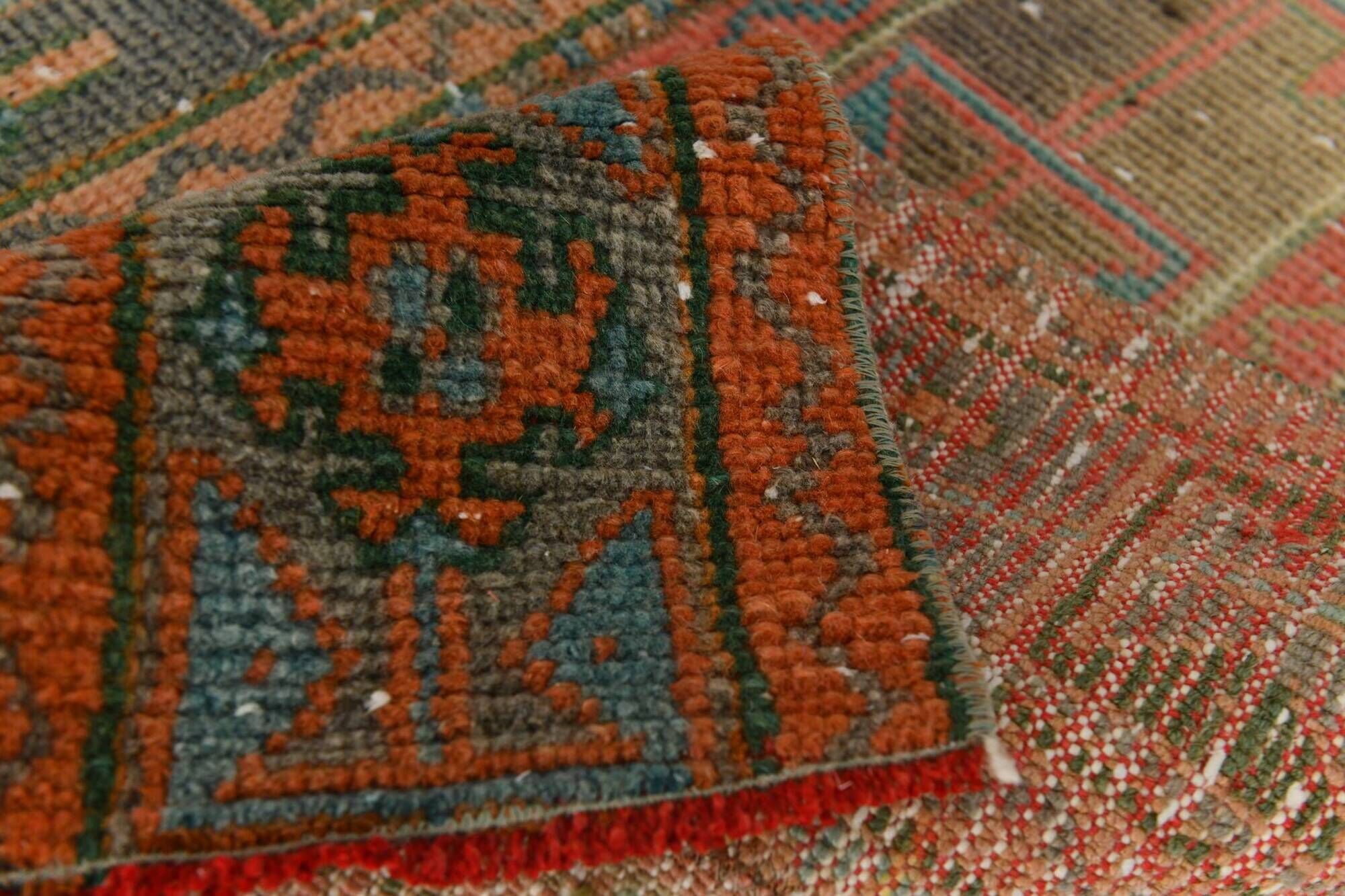 2x9 Vintage Coral Orange & Green Turkish Runner Rug, 70x275Cm