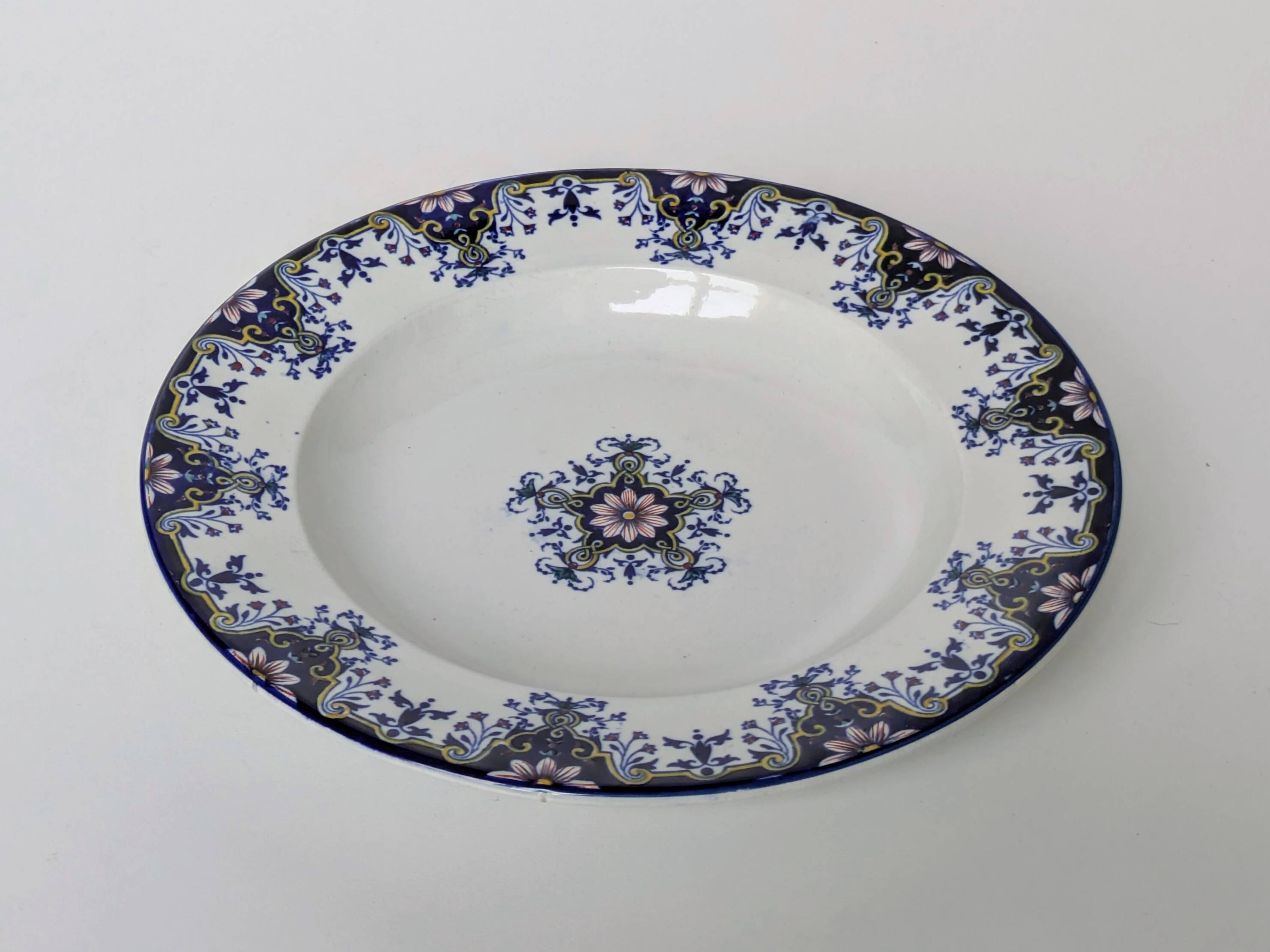 Hollow Plate in Earthenware - "Rouen Style" Decor - JVB Brand - Late 19th Century
