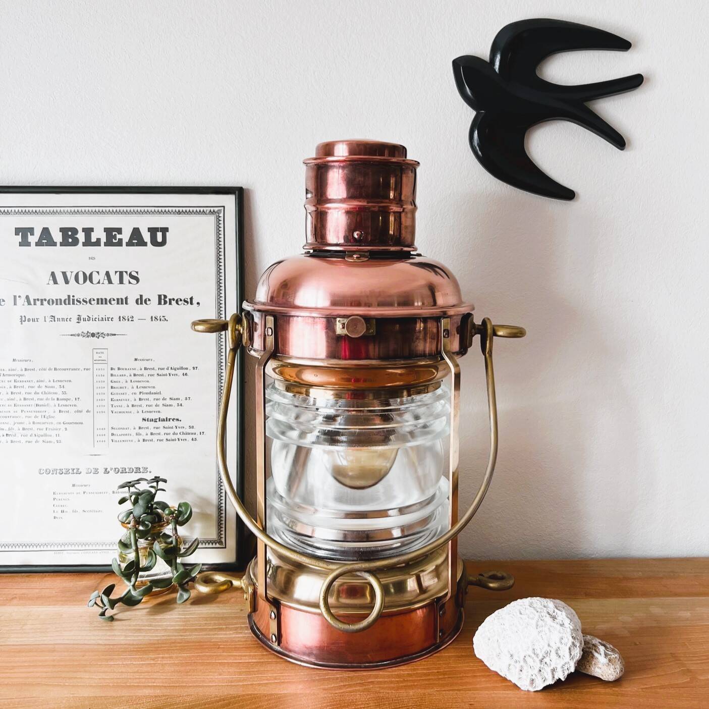 Large electrified copper and brass lamp