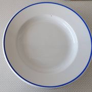 3 Pillivuyt white porcelain dinner plates with blue edging.