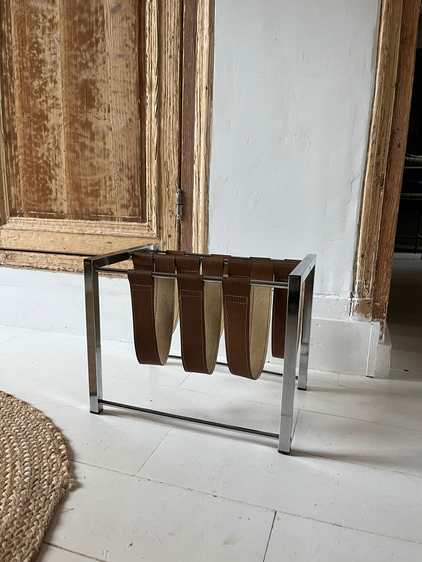 Vintage chrome steel and leather magazine rack – 1970s
