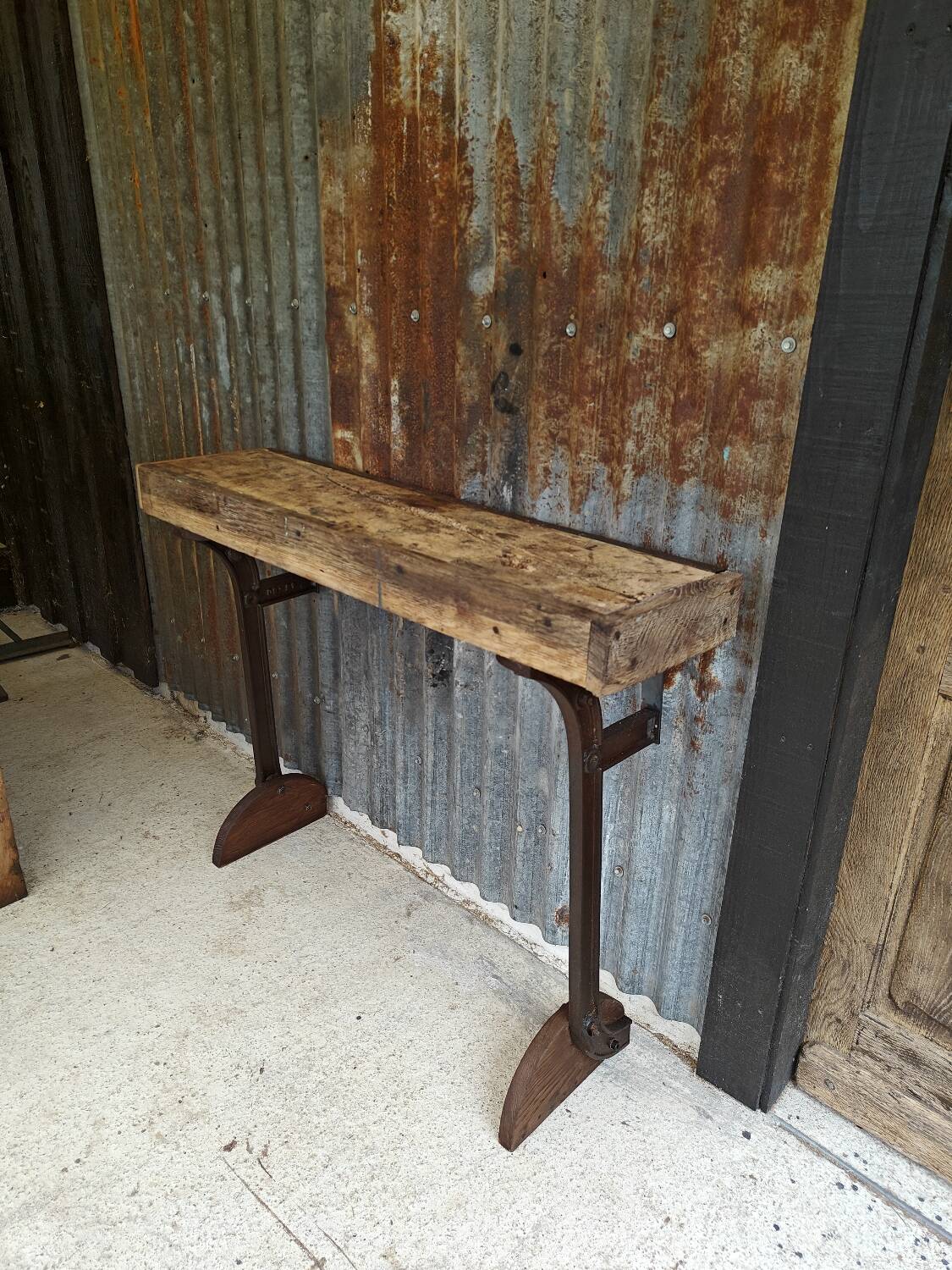 Wooden and cast iron workbench console