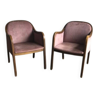 Set of Art Deco armchairs from the 1950s in wood and brown and purple fabric.