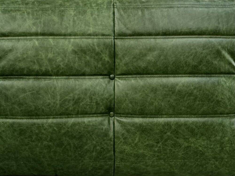 Canapé Togo en cuir vert attribué à Michel Ducaroy pour Ligne Roset.