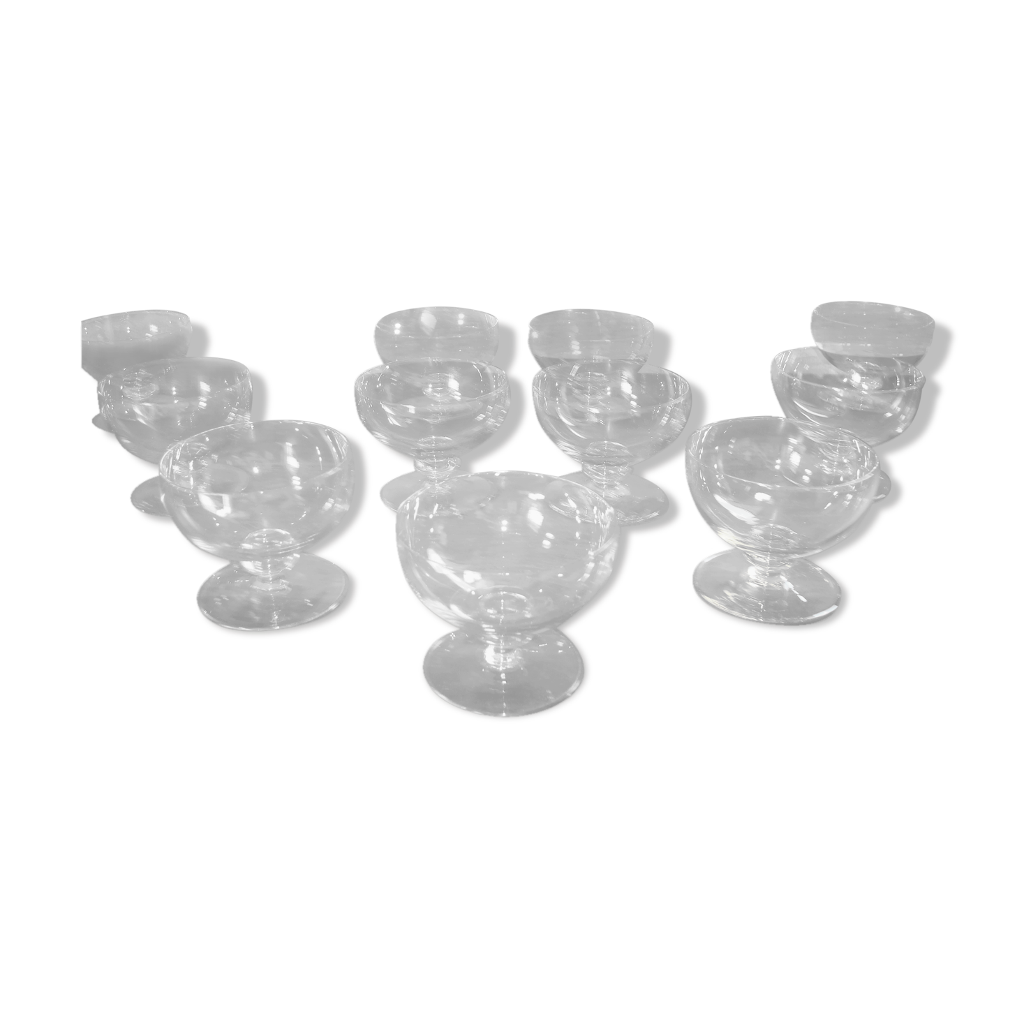 10 crystal Champagne cups, Daum Nancy, amber yellow color, vintage.