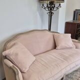 Louis XV style bench sofa in pink fabric and burlap
