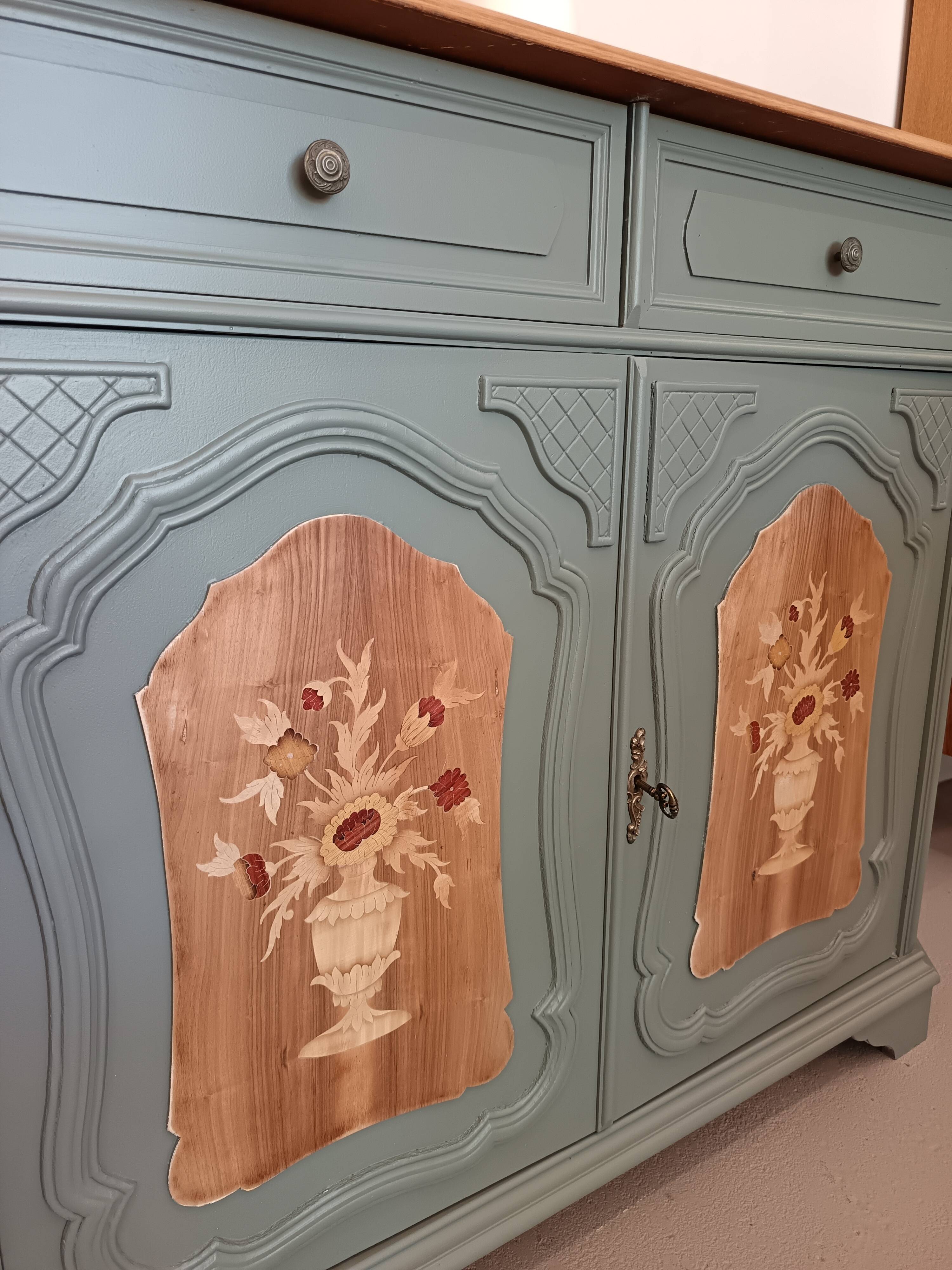 GREEN BRONZE AND WOOD BUFFET WITH MARQUETRY