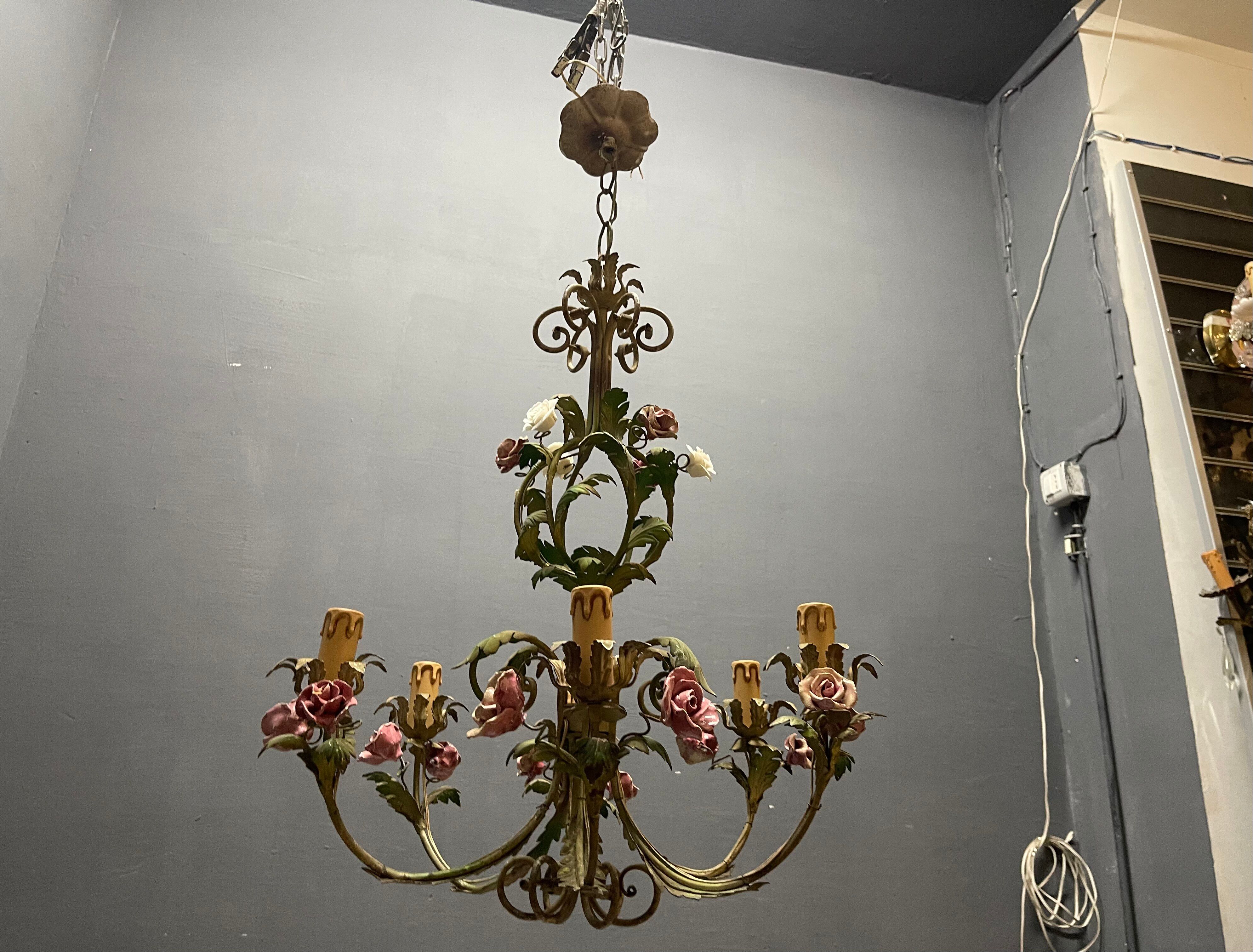 Italian Florentine Tole and Ceramic Flower Chandelier, 1950s