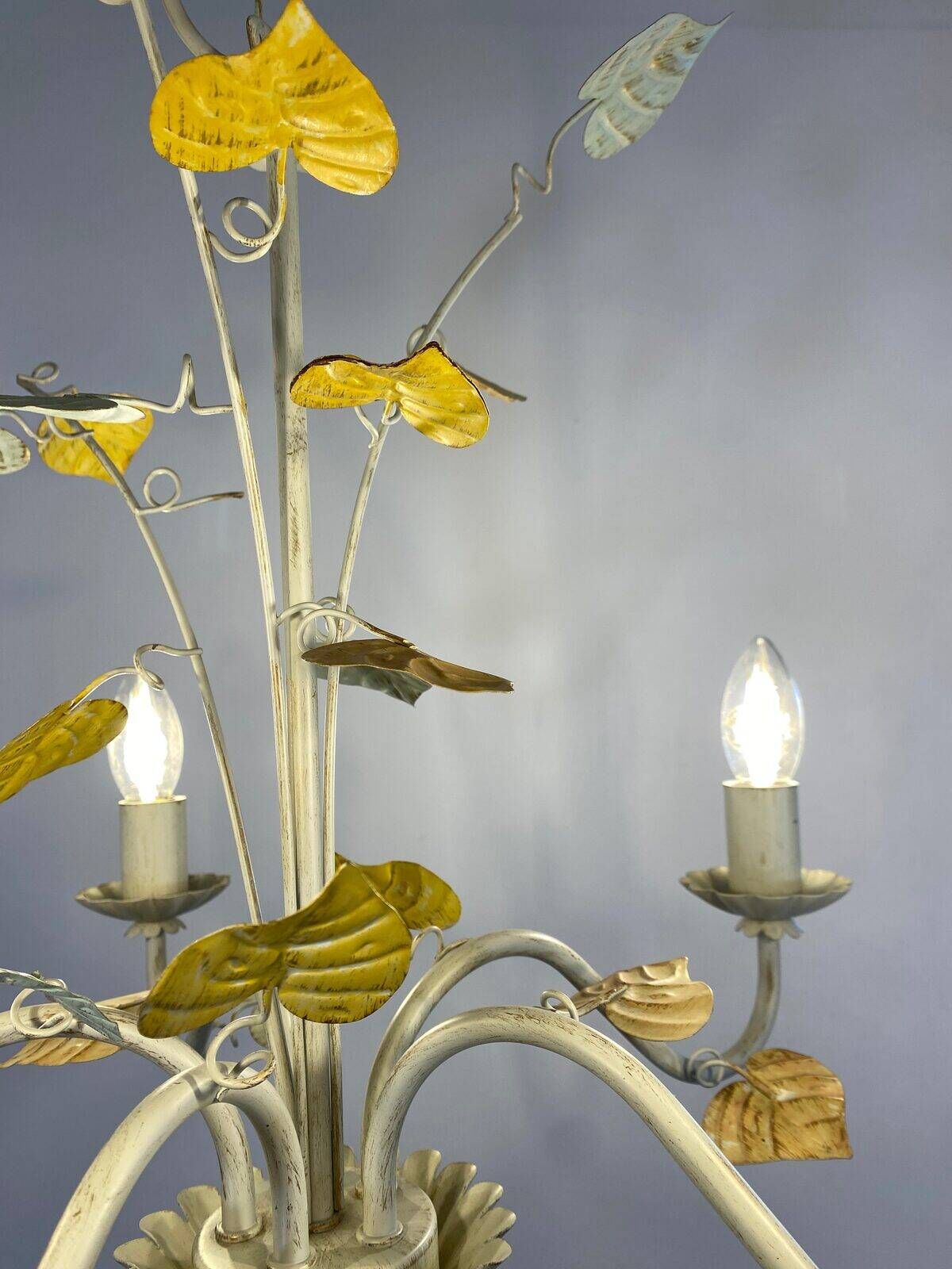 Vintage painted metal chandelier, foliage and flowers, 5 lights.