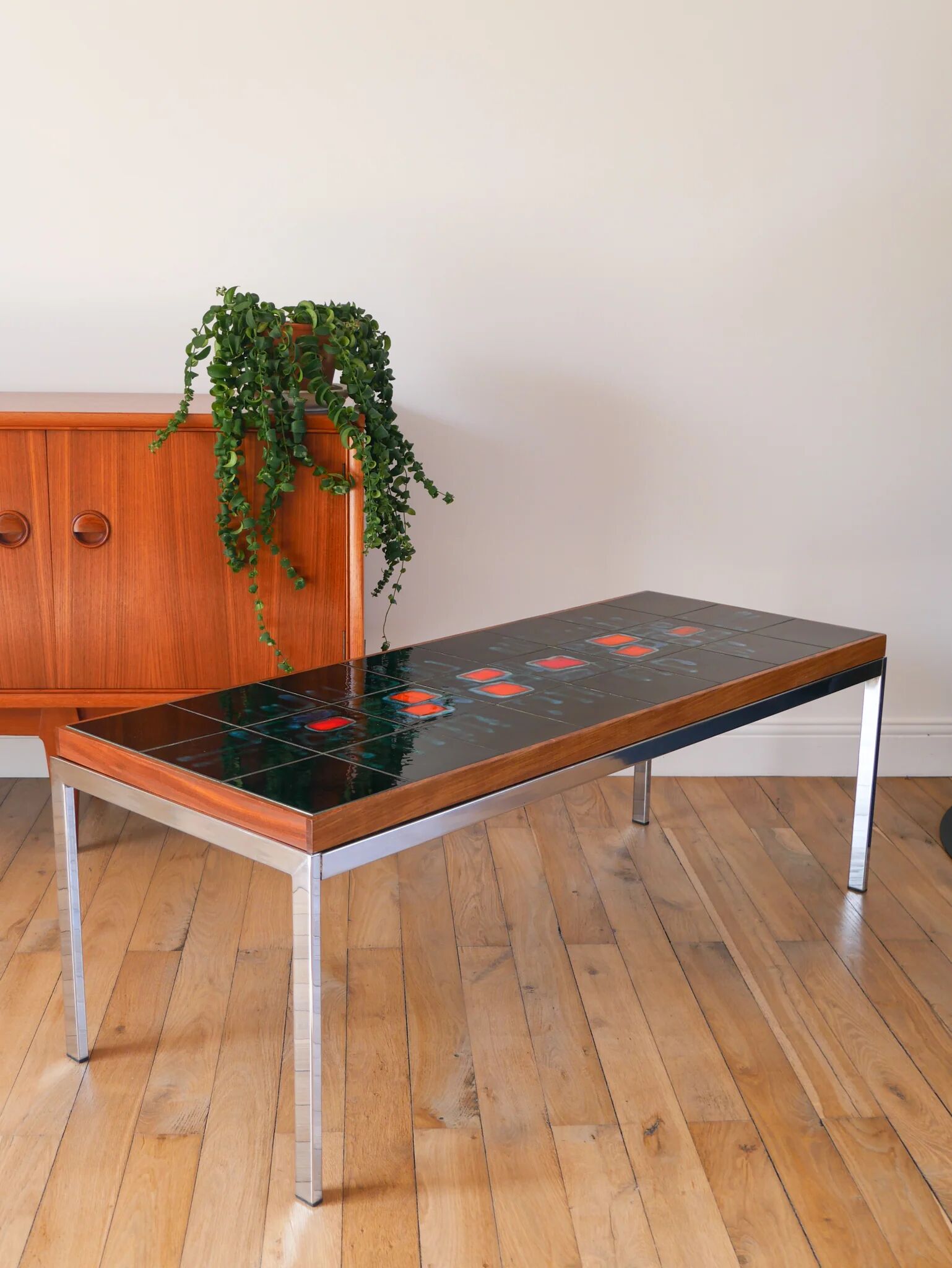 Table basse en céramique, teck & chrome, design, 1970