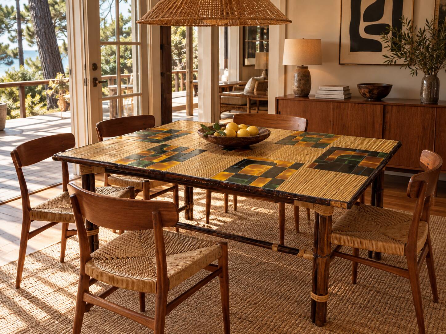Dining table in stained rattan, bamboo and ceramic - audoux & minet