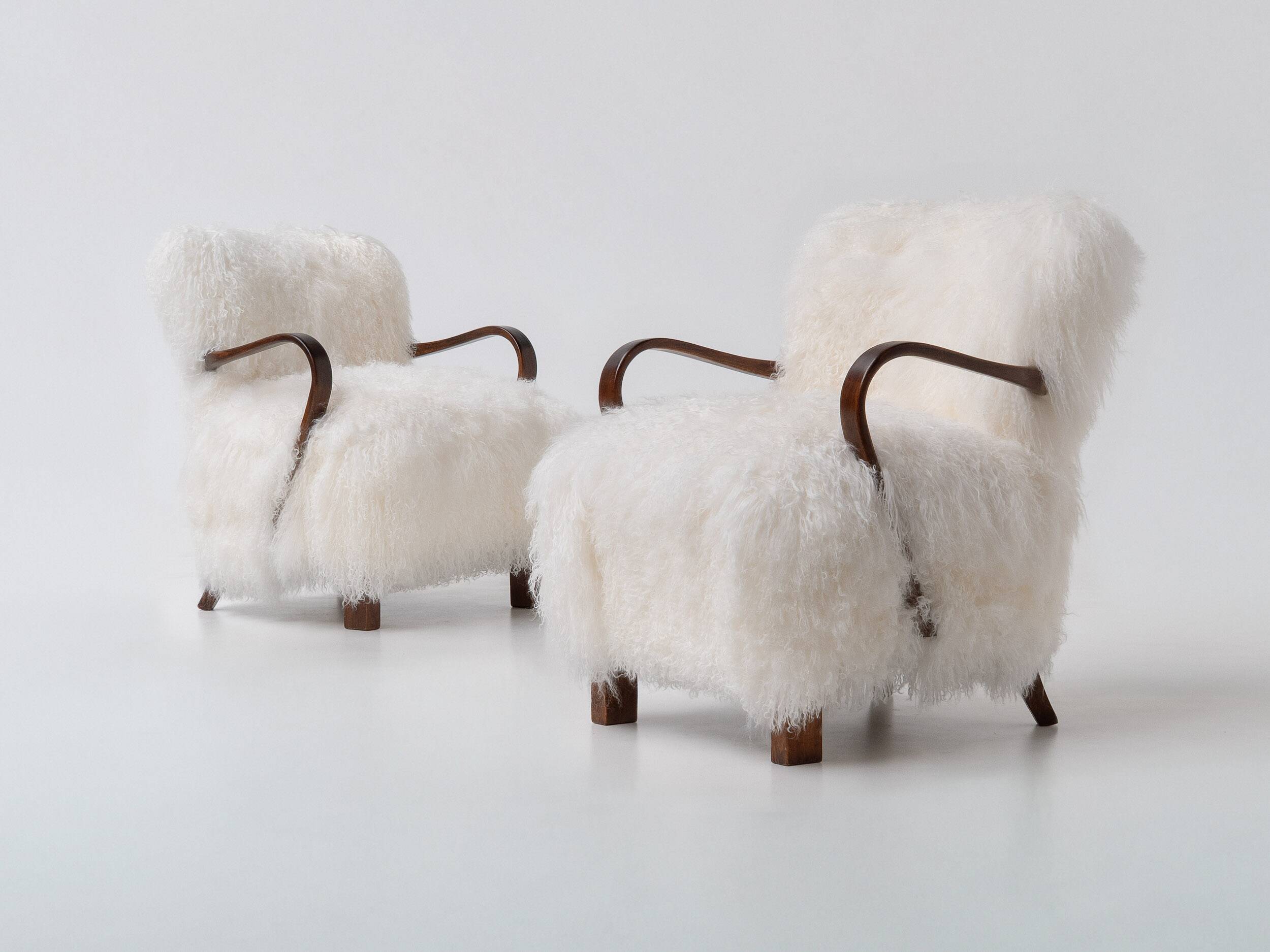 Pair of Art Deco Armchairs in Mongolian Sheepskin, 1950s