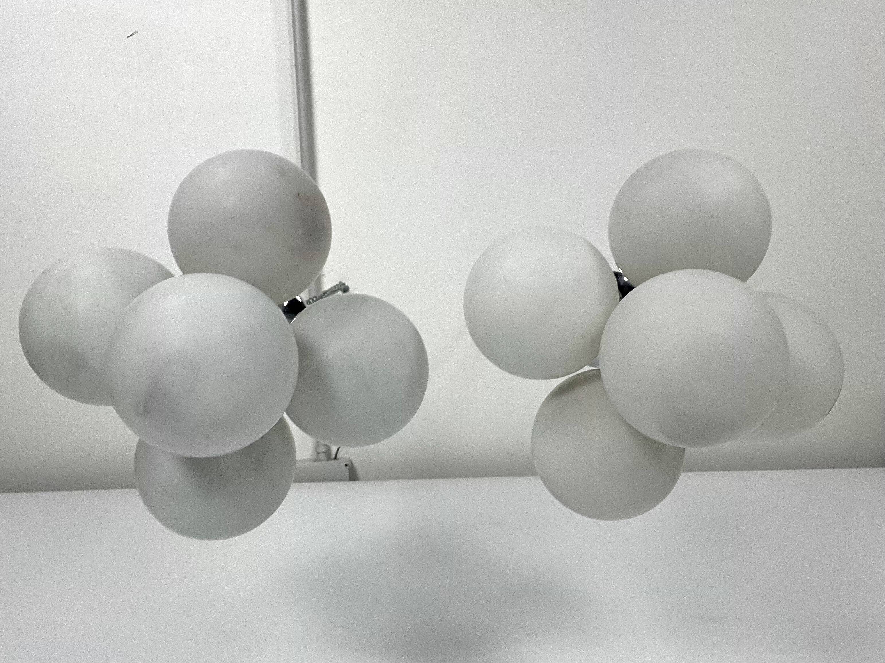 Space age style, Vintage Pair of ceiling lamps in chrome and opaline glass. Italy 1980s