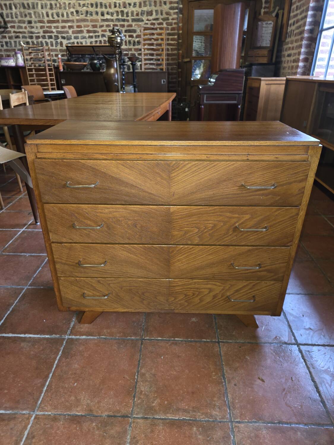 Vintage oak chest of drawers with herringbone patterns from the 1960s.