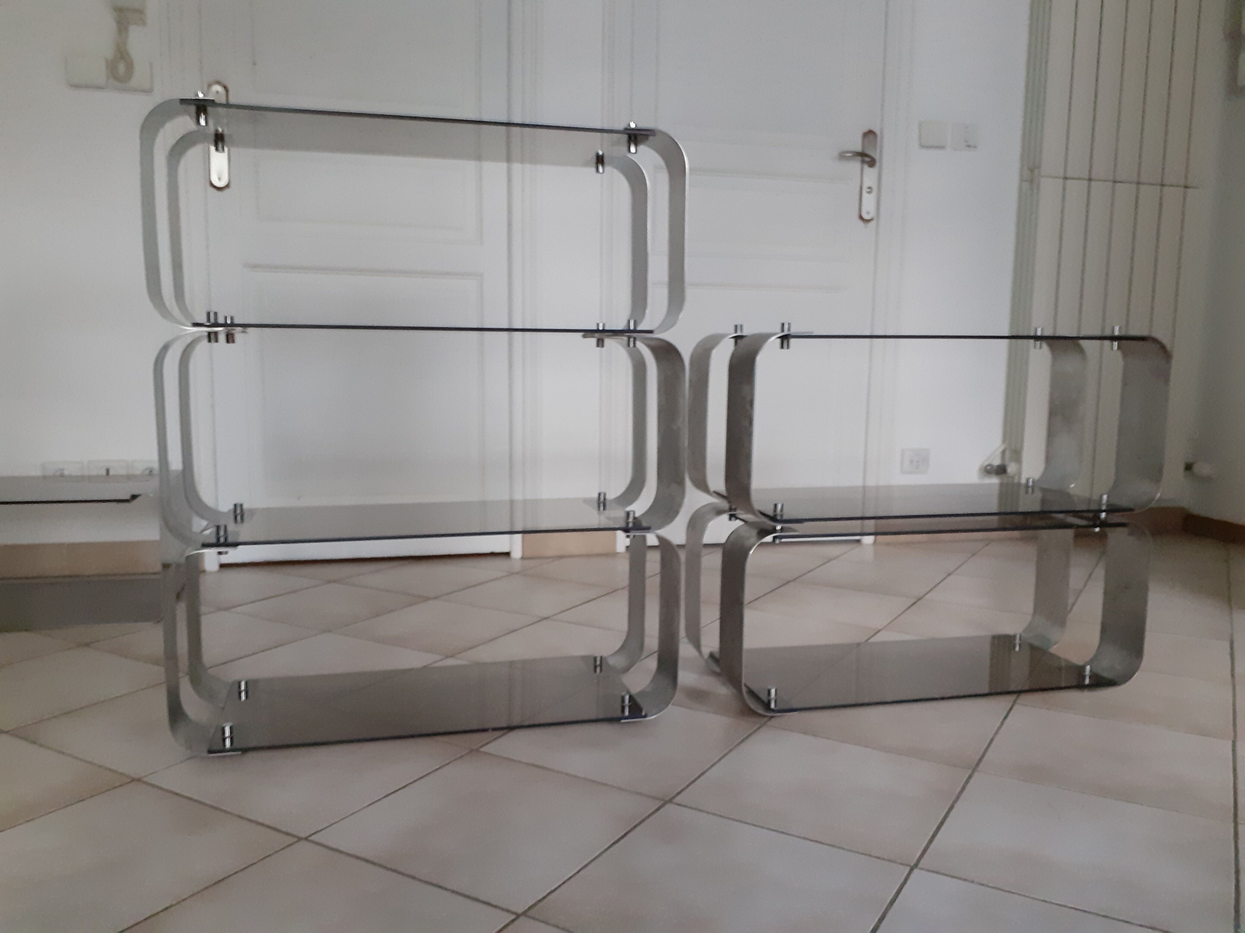 Modular wall shelves design 70s in smoked glass and brushed steel