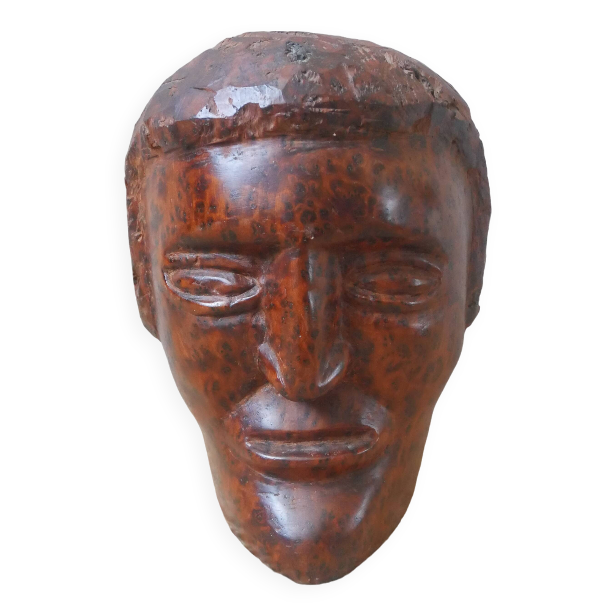 Wooden sculpture ethnic man's head handcrafted tribal decorative object workshop