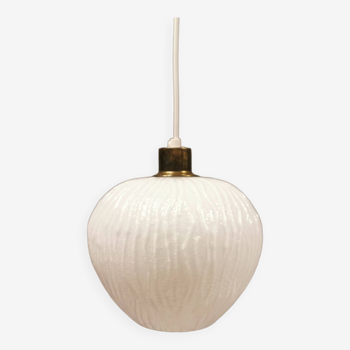 Hanging lamp, in milky white glass with brass top/suspension, Danish and estimated from the 1960s.